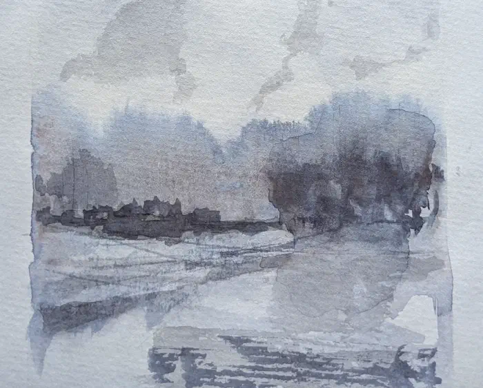 Watercolor landscape with pale blue sky, white forms, and earthy foreground washes.