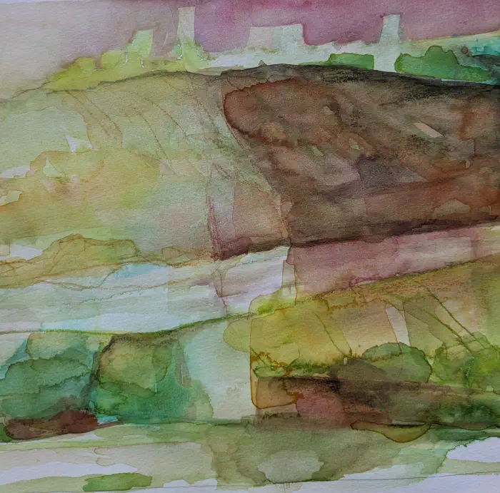 Watercolor and colored pencil landscape seen in motion, with passing forms along a railway in Italy.