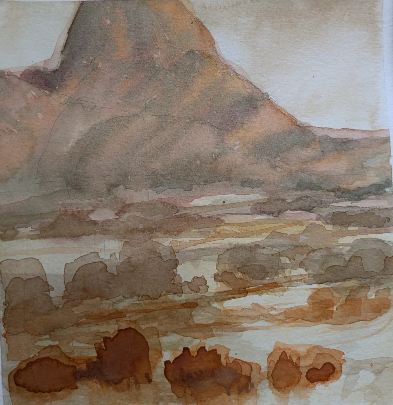 Watercolor landscape of Spitzkoppe in Namibia with wide open morning light and large rock formations.