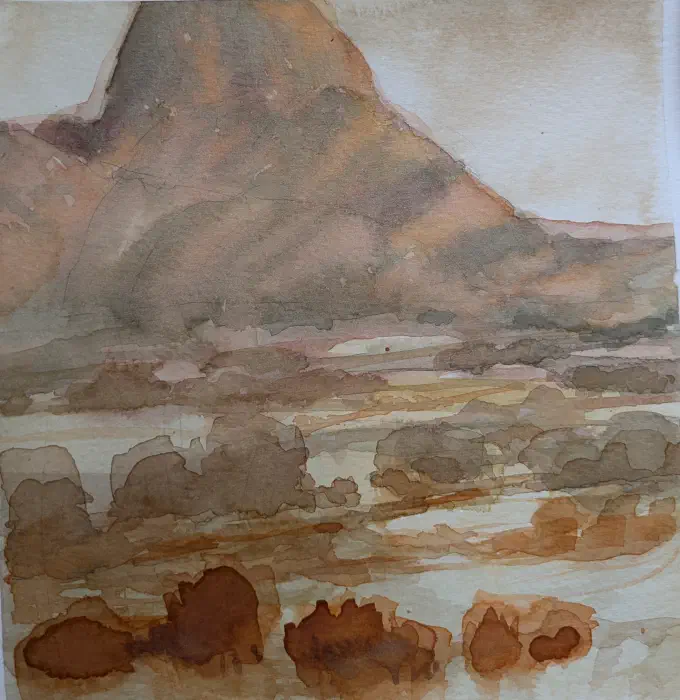 Watercolor landscape of Spitzkoppe in Namibia with wide open morning light and large rock formations.