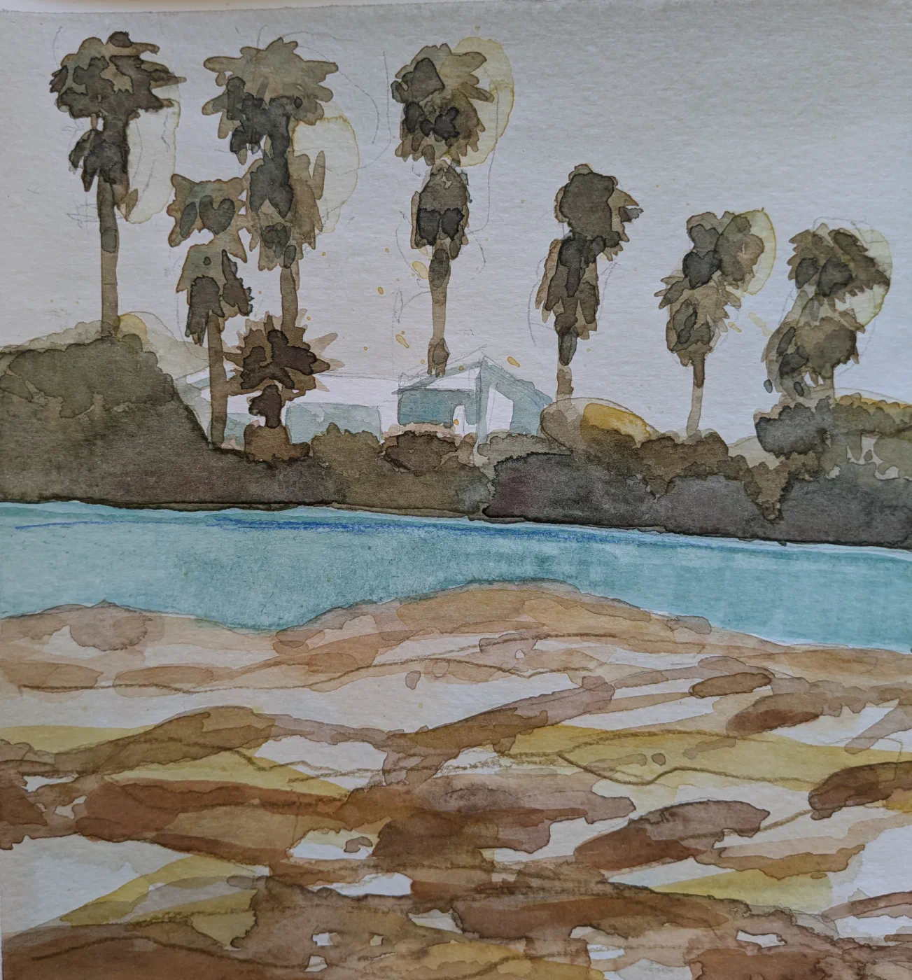 Watercolor landscape of Agia Napa in Cyprus with sand, turquoise wall, palm trees, and a coastal atmosphere.