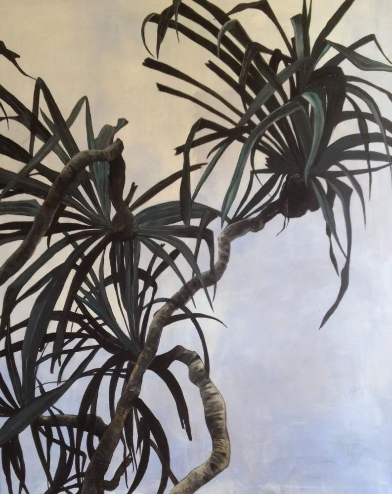 Acrylic painting of dark dracaena leaves and twisting stems against a pale background.
