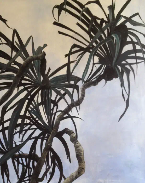Acrylic painting of dark dracaena leaves and twisting stems against a pale background.