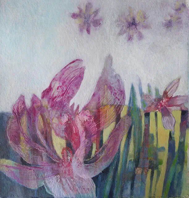 Acrylic floral work with magenta blossoms, green vertical forms, and pale textured background.