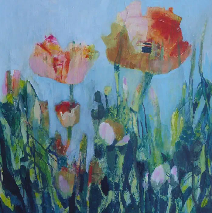 Mixed media floral study with soft magenta blossoms and pale green-blue washes.