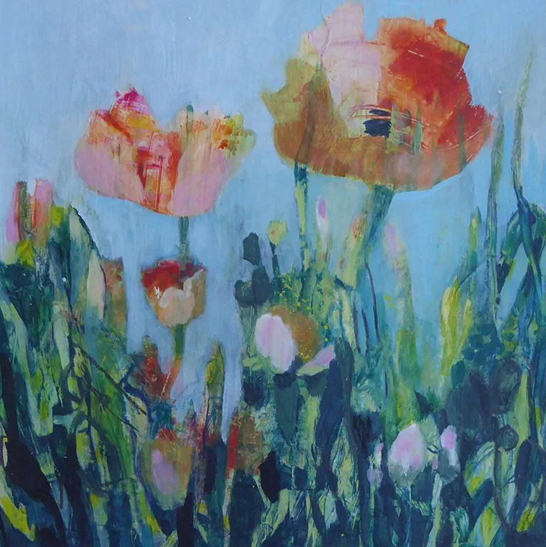 Mixed media floral study with soft magenta blossoms and pale green-blue washes.