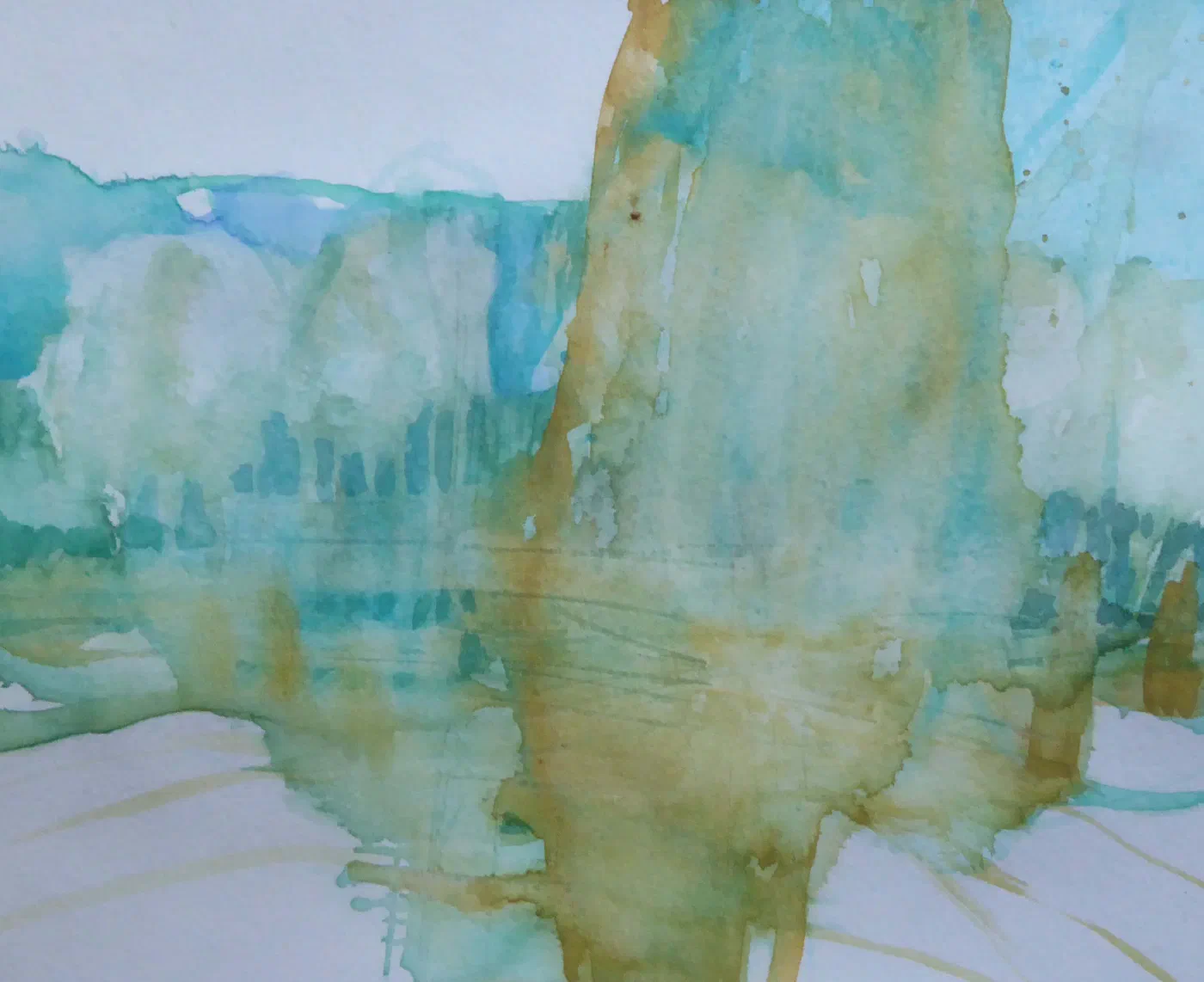 Watercolor with autumnal washes, pale ground, and layered grey-blue forms.