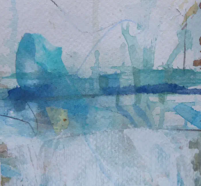 Abstract mixed media composition with layered grey, violet, and dark gestural marks.