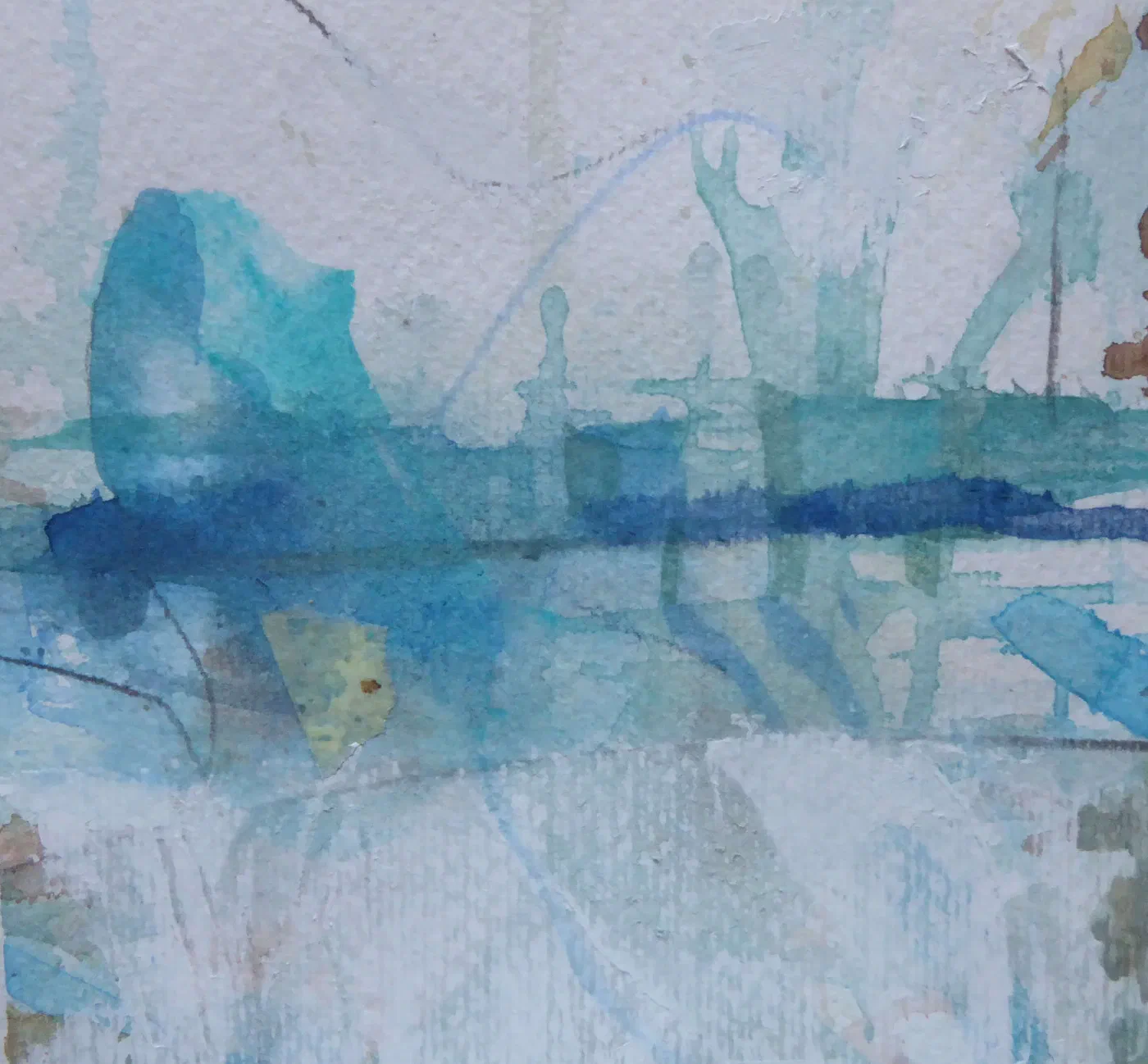 Abstract mixed media composition with layered grey, violet, and dark gestural marks.