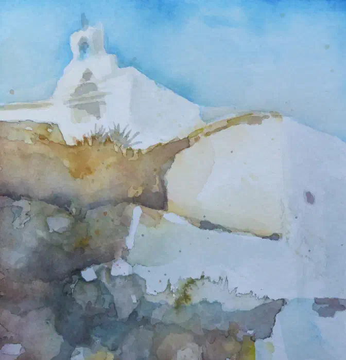 Watercolor of white Cycladic architecture beneath a soft blue sky.