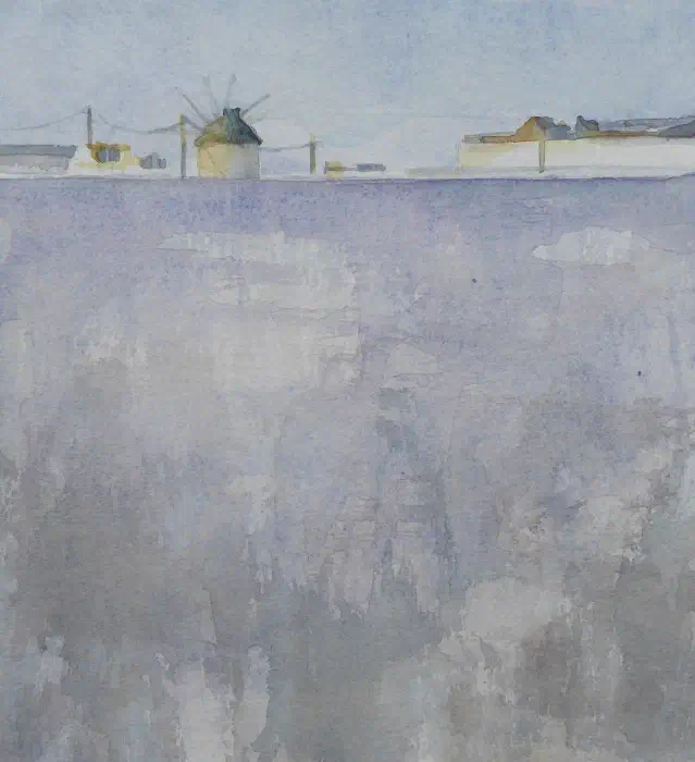 Watercolor view of Ios with white island forms and a soft blue coastal atmosphere.