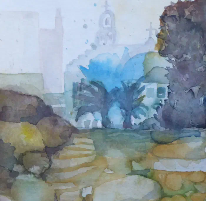 Watercolor of the Chora of Ios with white architecture and light blue sky.