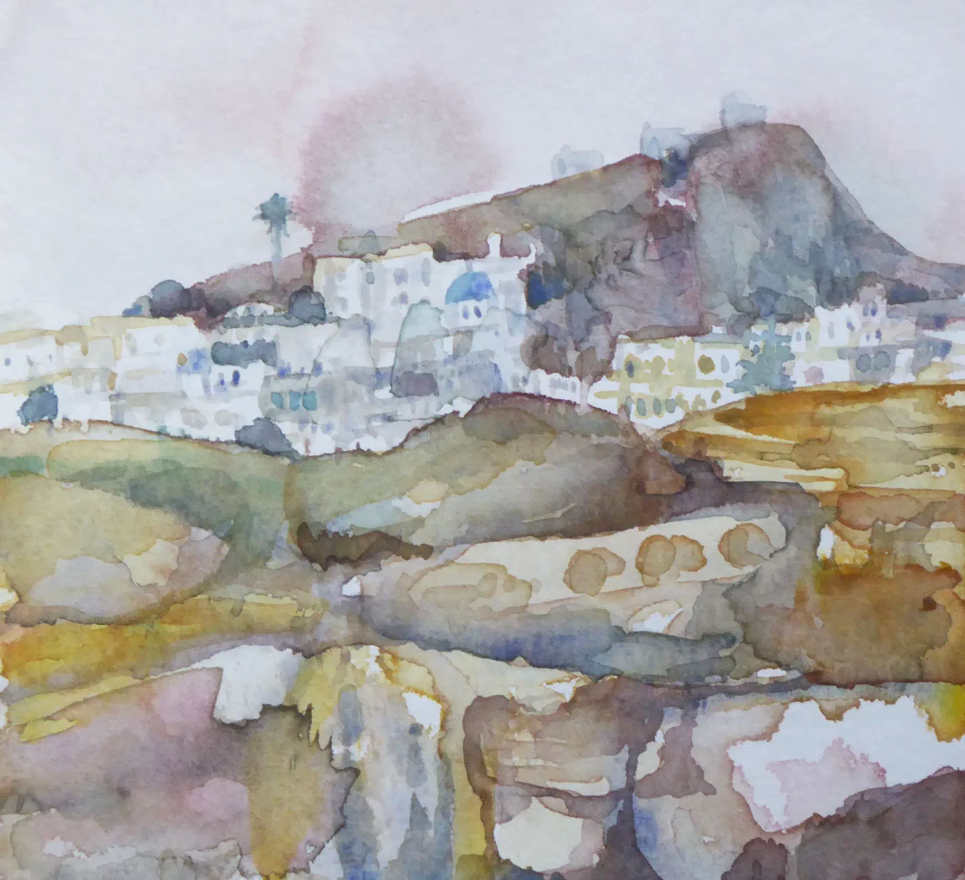 Watercolor landscape with pale blue sky, white buildings, and ochre hillside forms.