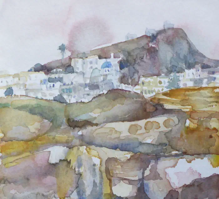Watercolor landscape with pale blue sky, white buildings, and ochre hillside forms.