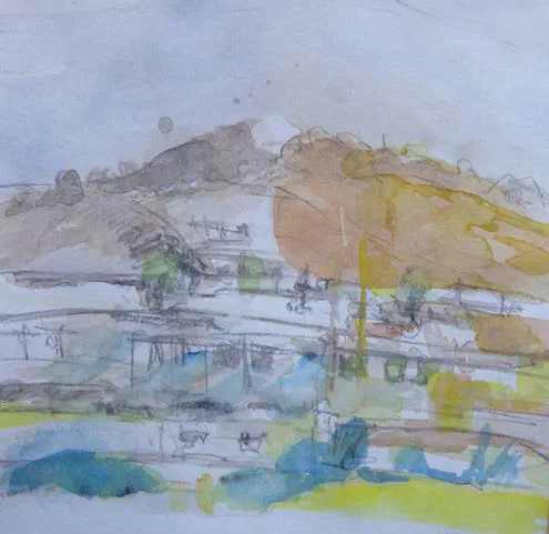 Watercolor landscape with muted coastal forms and soft earth-toned washes.