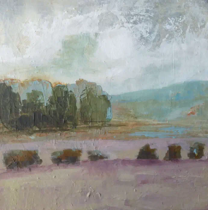 Landscape painting with dark moorland shapes and muted green-grey surface textures.