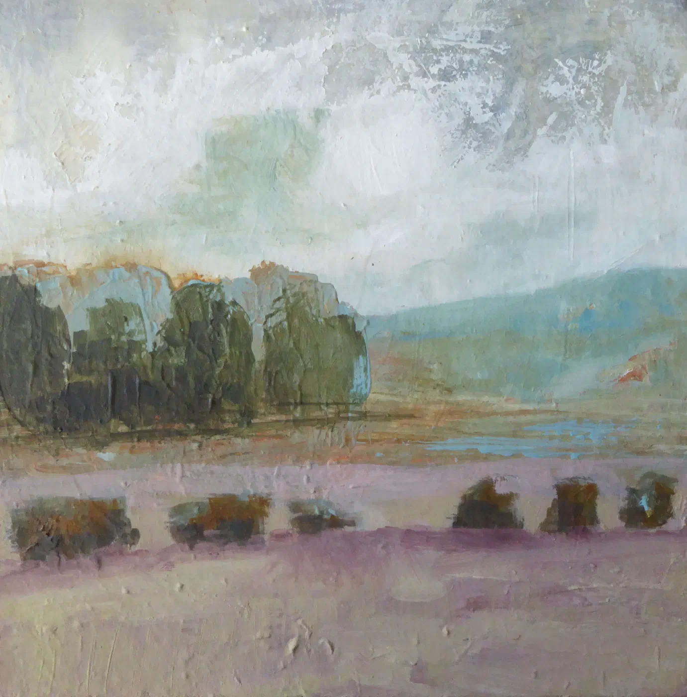 Landscape painting with dark moorland shapes and muted green-grey surface textures.