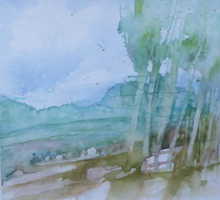 Watercolor landscape near Keramoti on Naxos with soft blue, white, and earth-toned forms.