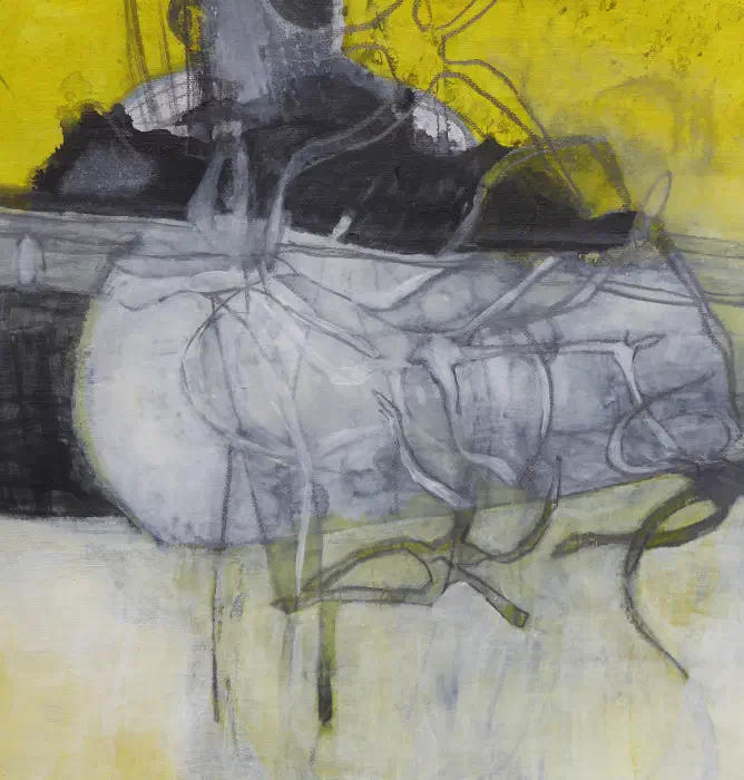 Abstract mixed media work with layered dark forms and muted atmospheric color.