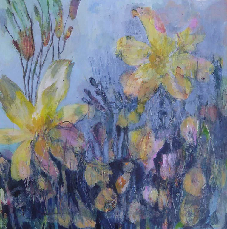 Mixed media floral painting on paper with layered pink, green, and yellow botanical forms.