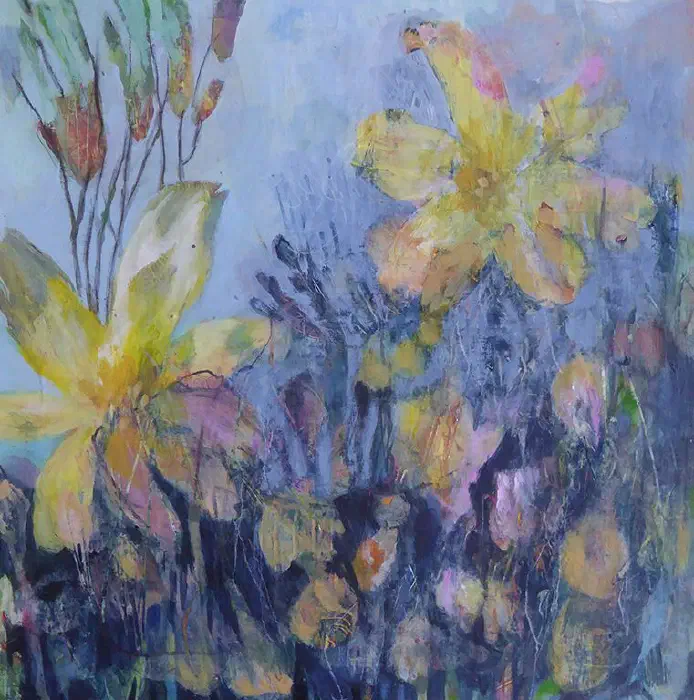 Mixed media floral painting on paper with layered pink, green, and yellow botanical forms.