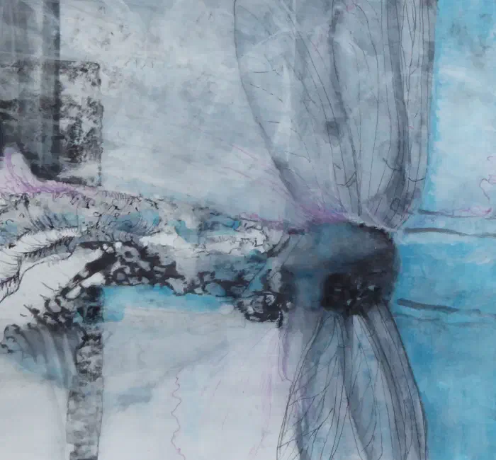 Mixed media winter abstraction in pale blue, grey, black, and violet washes.
